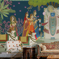 Closeup of Lord Shrinathji in a traditional Pichwai wall mural with intricate jewelry and a floral garland under a Kadamba tree.