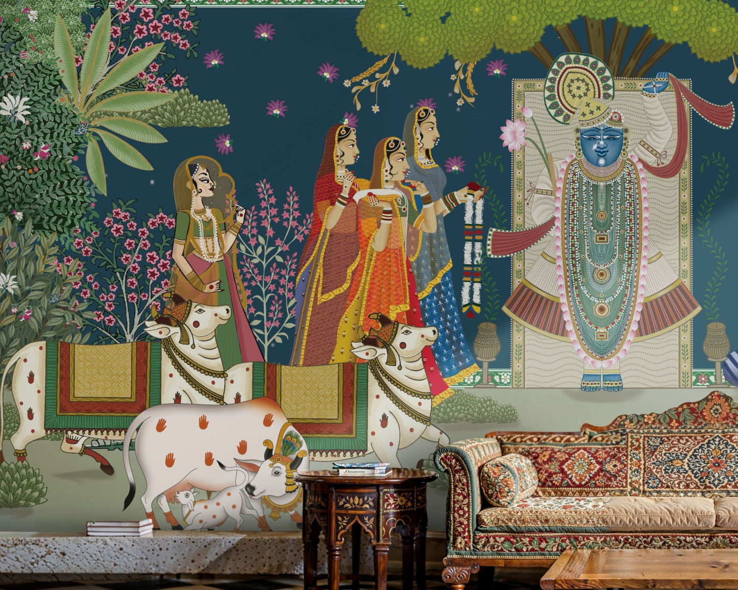 Closeup of Lord Shrinathji in a traditional Pichwai wall mural with intricate jewelry and a floral garland under a Kadamba tree.
