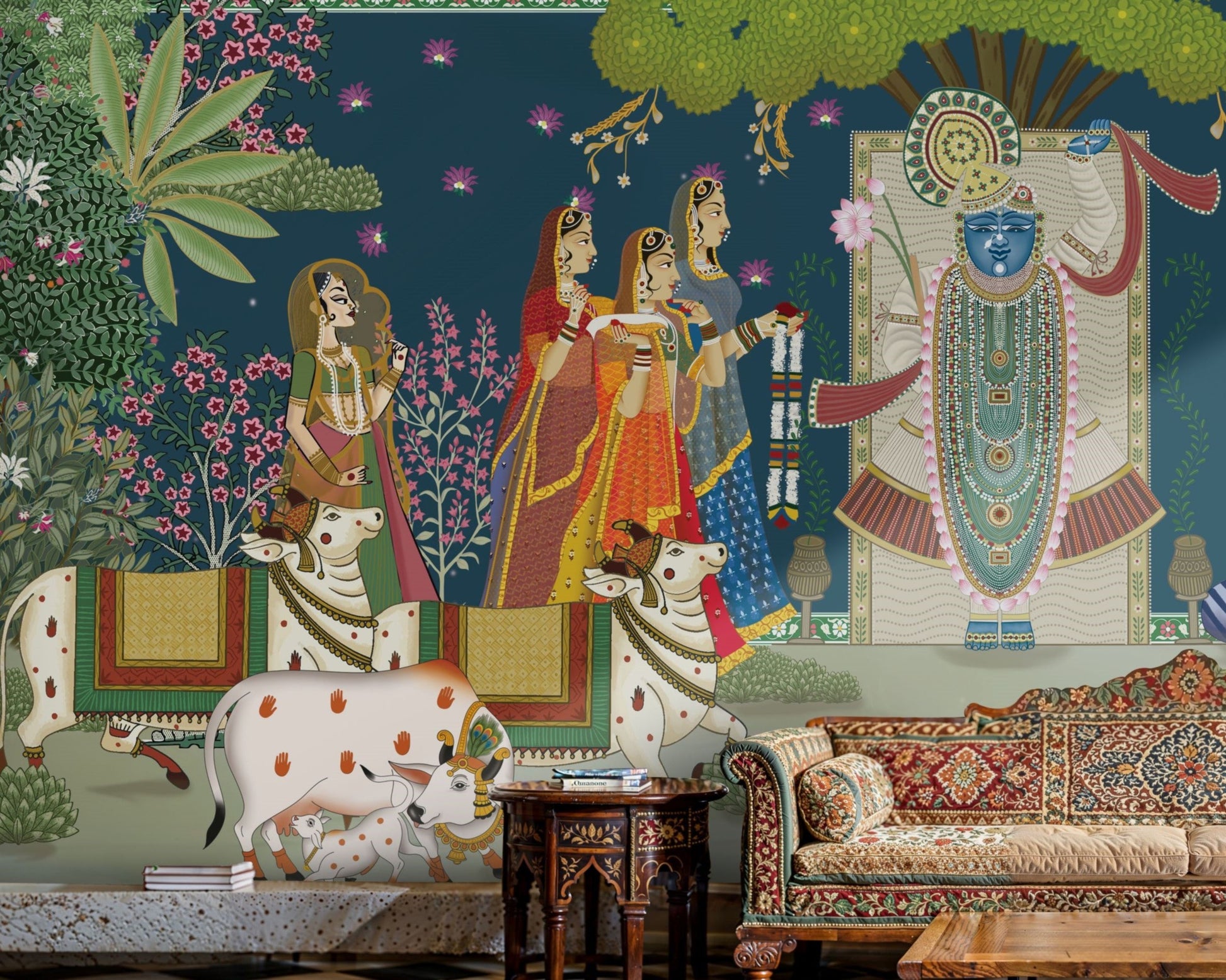 Closeup of Lord Shrinathji in a traditional Pichwai wall mural with intricate jewelry and a floral garland under a Kadamba tree.