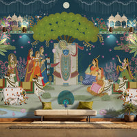 A traditional Pichwai wall mural depicting Lord Shrinathji with Gopis and holy cows under a large green tree against a deep blue background in a luxury living room.