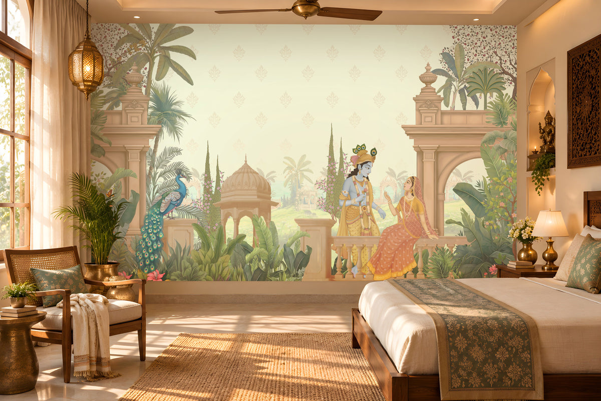 A large wall mural featuring a classical Indian scene with Lord Krishna and the Queen of Heaven, set in a lush tropical garden with peacocks and palm trees, shown in a styled bedroom setting.
