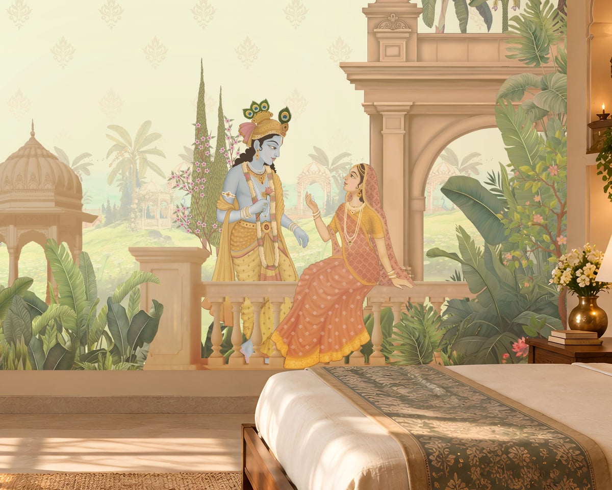 A large wall mural featuring a classical Indian scene with Lord Krishna and the Queen of Heaven, set in a lush tropical garden with peacocks and palm trees, shown in a styled bedroom setting.