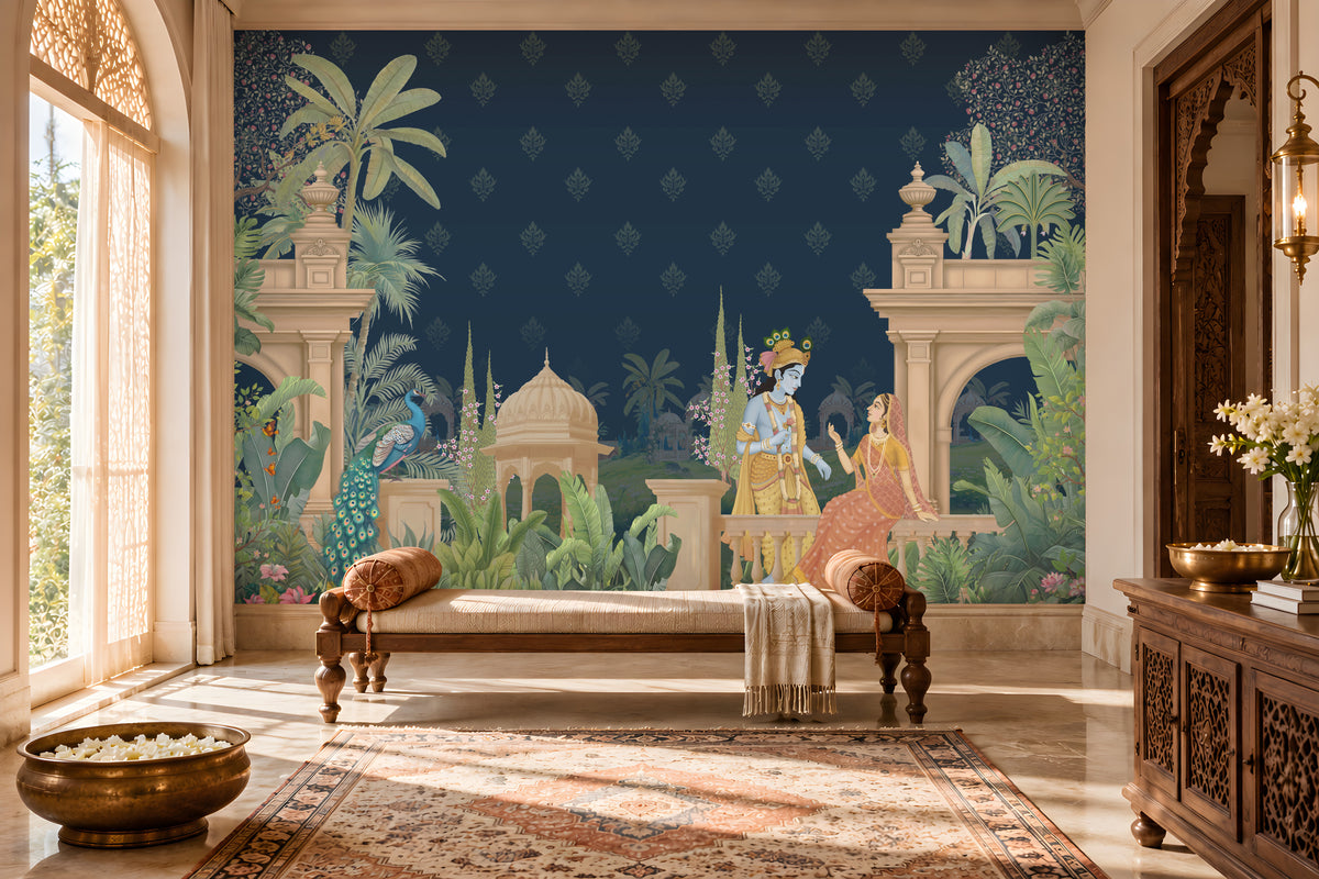 A large wall mural featuring a Kalka Kingdom scene with Krishna and Radha, styled in a traditional Indian room with a wooden bench, patterned rug, and carved wooden furniture.
