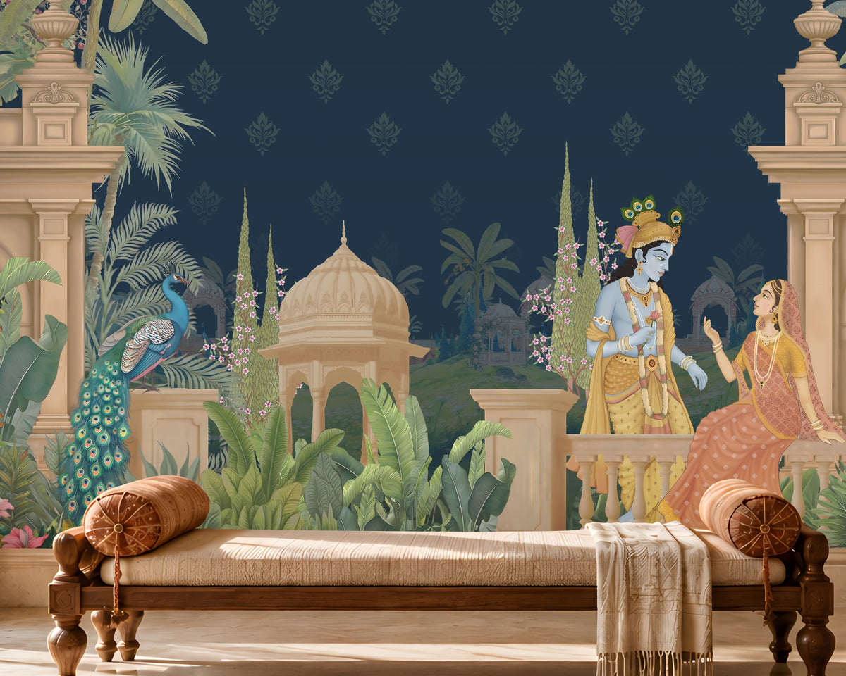 A large wall mural featuring a Kalka Kingdom scene with Krishna and Radha, styled in a traditional Indian room with a wooden bench, patterned rug, and carved wooden furniture.
