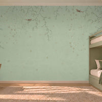 Modern kids' bedroom featuring Silent Breeze Misty Sage Botanical Birds Wallpaper with delicate branches, subtle bird motifs, a sage green bunk bed, study desk, and soft natural lighting.