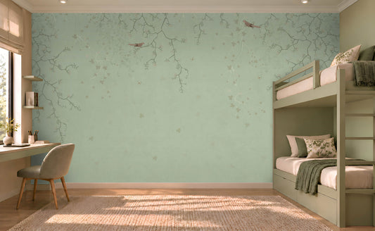 Modern kids' bedroom featuring Silent Breeze Misty Sage Botanical Birds Wallpaper with delicate branches, subtle bird motifs, a sage green bunk bed, study desk, and soft natural lighting.