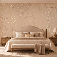 Elegant bedroom featuring Silent Breeze Warm Blush Beige Botanical Birds Wallpaper with delicate branches, subtle floral motifs, cream upholstered bed, wooden bedside tables, and soft natural lighting.