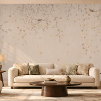 Silent Breeze Soft Beige Botanical Birds Wallpaper featuring delicate branches, subtle bird motifs, and minimal floral details.