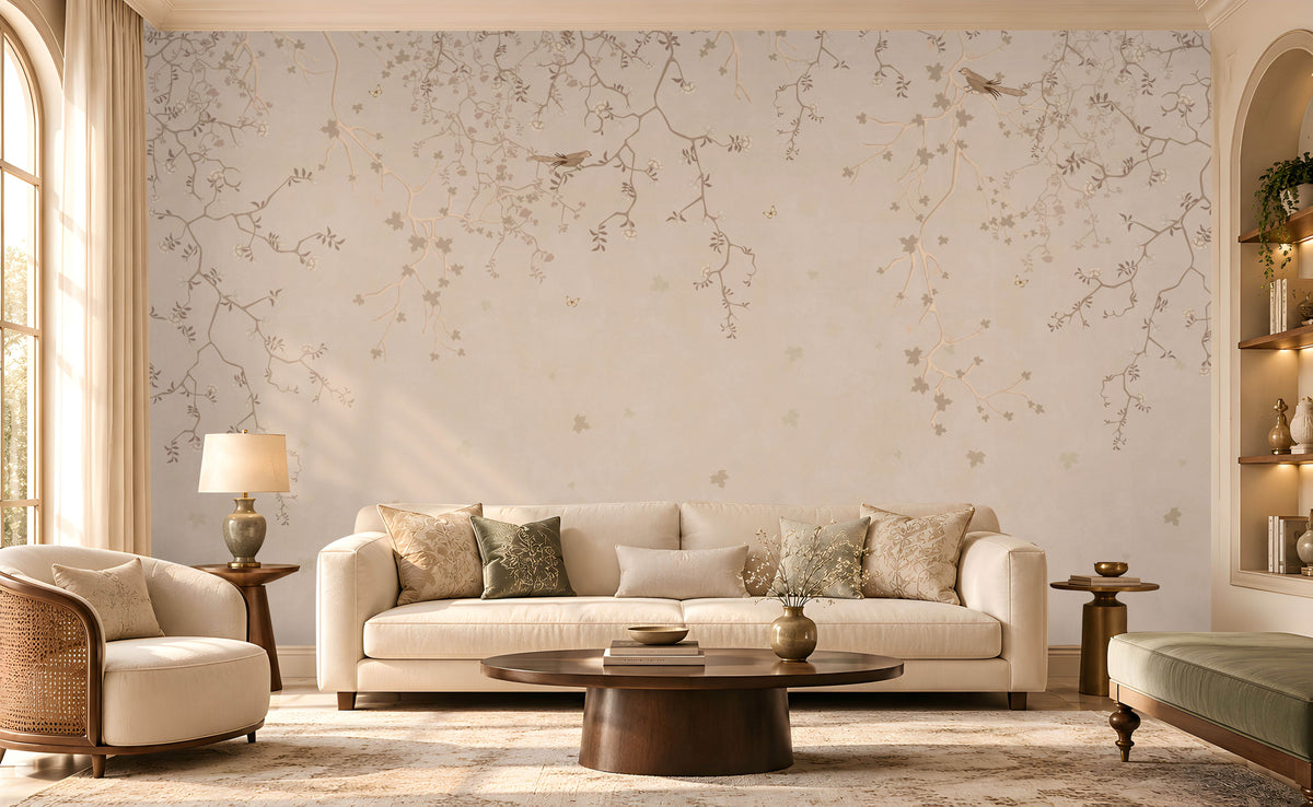 Silent Breeze Soft Beige Botanical Birds Wallpaper featuring delicate branches, subtle bird motifs, and minimal floral details.