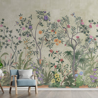 Silver sage Vaatika II floral mural wallpaper decorative botanical wall design in modern dining room.