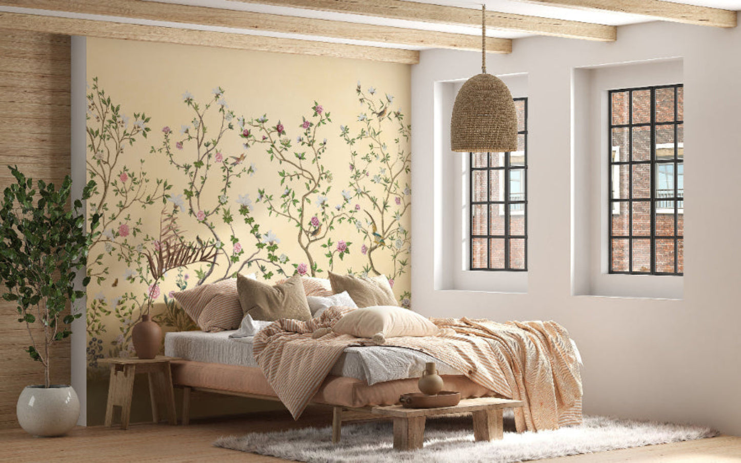 Soft yellow botanical peony mural wallpaper sophisticated accent wall in stylish bedroom.