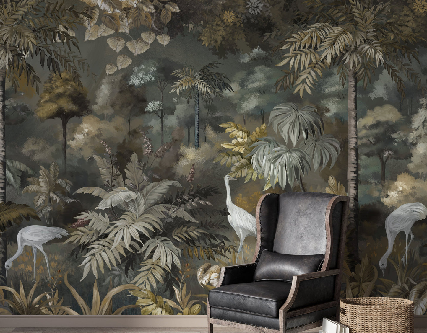 An architectural perspective of a sophisticated lounge featuring this Solitude Forest Tropical Wallpaper as a full-scale feature mural. The dark, immersive jungle scene creates a dramatic backdrop that pairs elegantly with vertical wood paneling, contemporary white furniture, and vibrant indoor greenery.