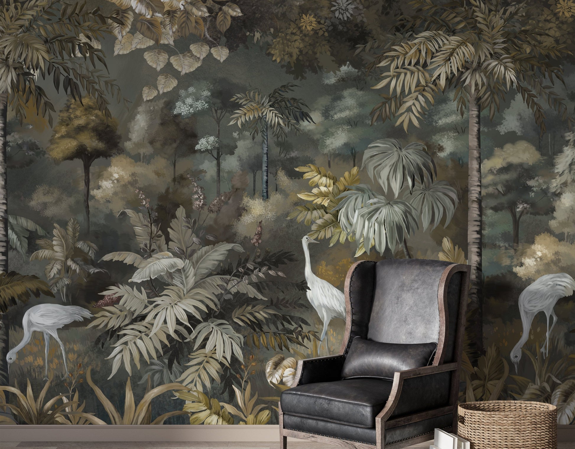 An architectural perspective of a sophisticated lounge featuring this Solitude Forest Tropical Wallpaper as a full-scale feature mural. The dark, immersive jungle scene creates a dramatic backdrop that pairs elegantly with vertical wood paneling, contemporary white furniture, and vibrant indoor greenery.