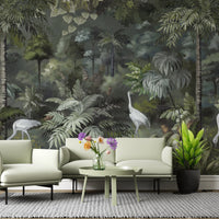 An architectural perspective of a refined interior featuring this Solitude Forest Tropical Wallpaper as a full-scale feature wall. The Forestwood palette creates a warm, immersive environment that pairs seamlessly with natural wood paneling, mid-century modern furniture, and soft, neutral textiles.
