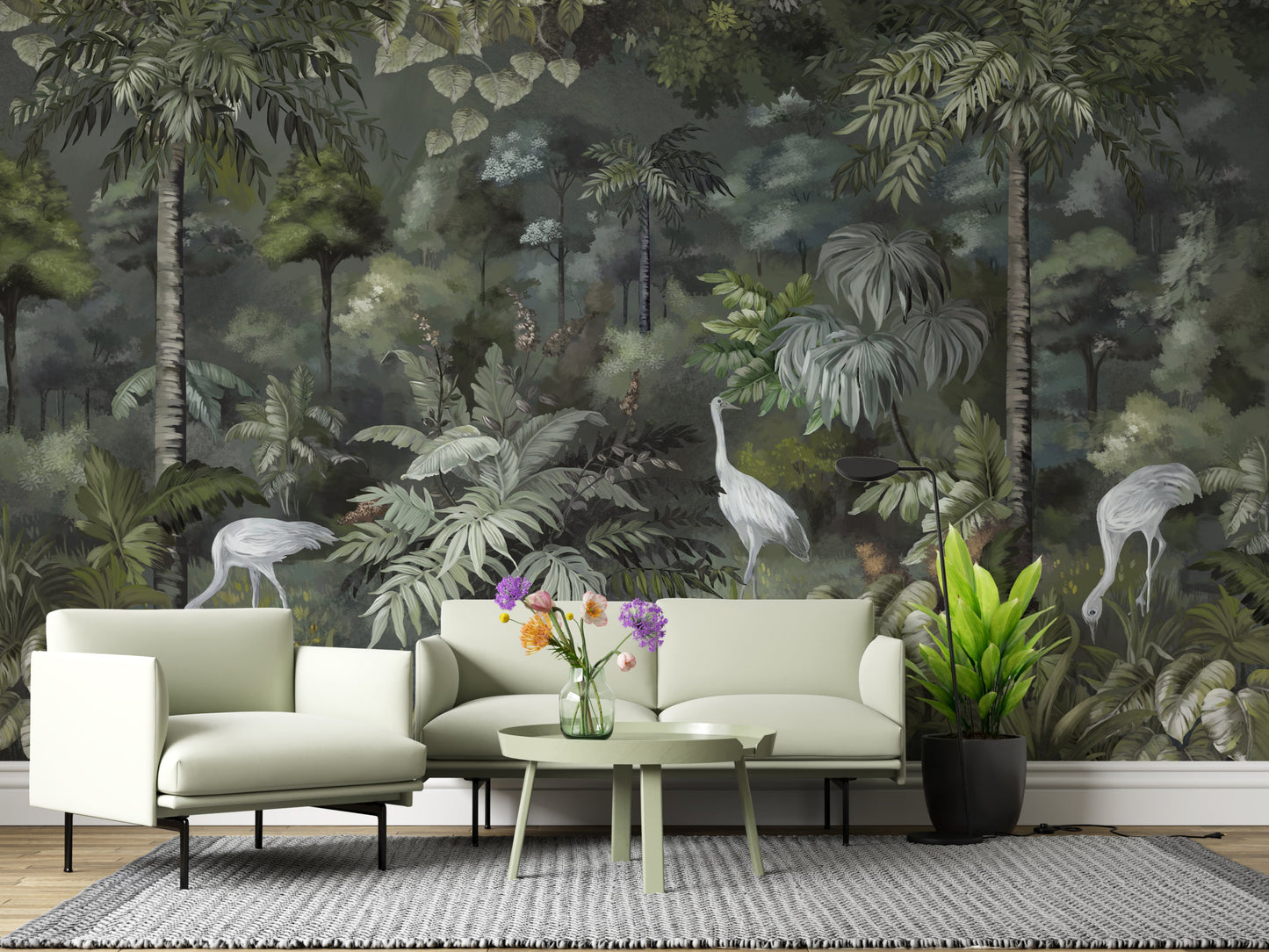 An architectural perspective of a refined interior featuring this Solitude Forest Tropical Wallpaper as a full-scale feature wall. The Forestwood palette creates a warm, immersive environment that pairs seamlessly with natural wood paneling, mid-century modern furniture, and soft, neutral textiles.