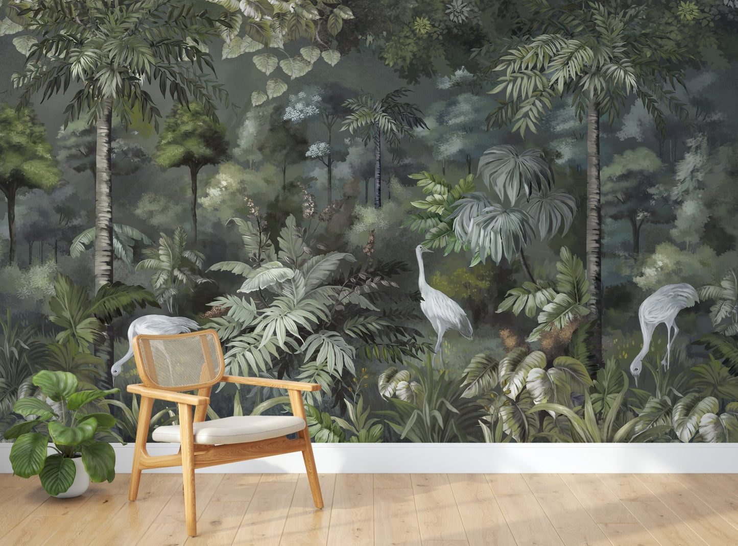 An architectural perspective of a refined interior featuring this Solitude Forest Tropical Wallpaper as a full-scale feature wall. The Forestwood palette creates a warm, immersive environment that pairs seamlessly with natural wood paneling, mid-century modern furniture, and soft, neutral textiles.