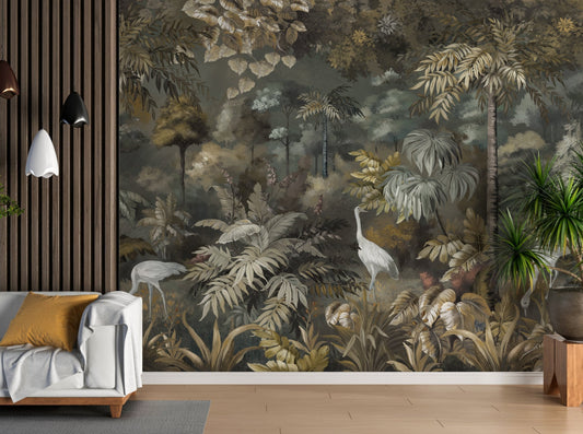 An architectural perspective of a sophisticated lounge featuring this Solitude Forest Tropical Wallpaper as a full-scale feature mural. The dark, immersive jungle scene creates a dramatic backdrop that pairs elegantly with vertical wood paneling, contemporary white furniture, and vibrant indoor greenery.
