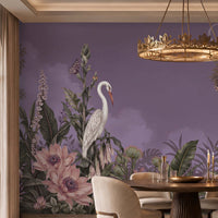 Beautifully decorated dining room features a large, dusty lavender wall mural depicting an elegant tropical jungle scene with white herons, purple flowers, lush green foliage, and butterflies.