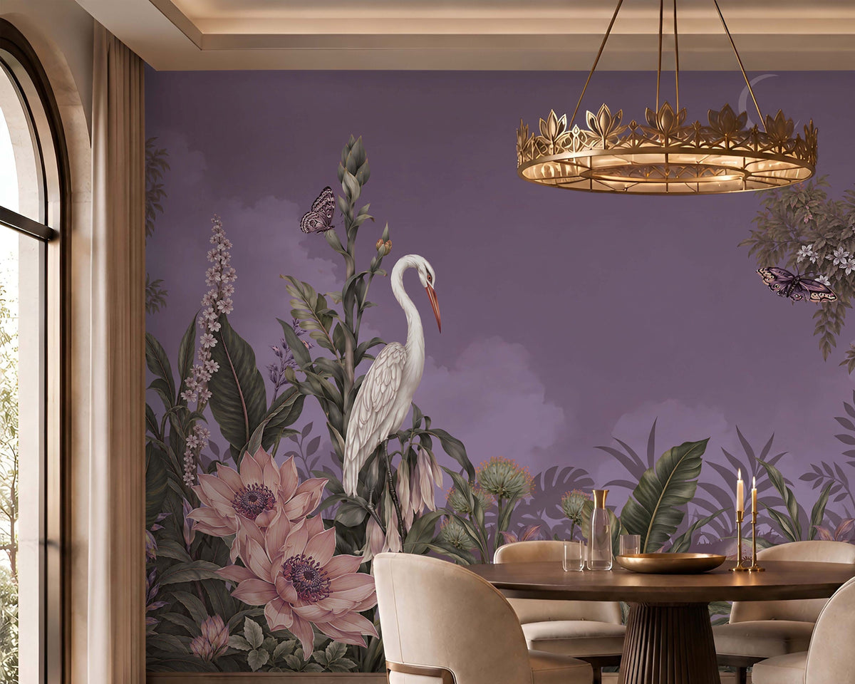 Beautifully decorated dining room features a large, dusty lavender wall mural depicting an elegant tropical jungle scene with white herons, purple flowers, lush green foliage, and butterflies.