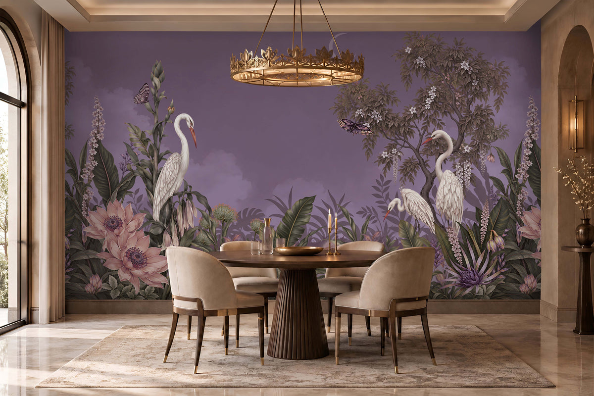 Beautifully decorated dining room features a large, dusty lavender wall mural depicting an elegant tropical jungle scene with white herons, purple flowers, lush green foliage, and butterflies.
