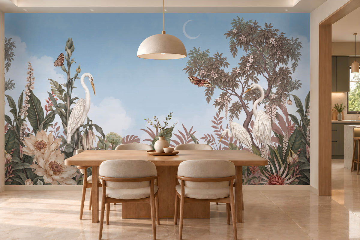 An illustrated, botanical landscape mural featuring three white egrets amidst lush tropical foliage under a sky blue, sky.