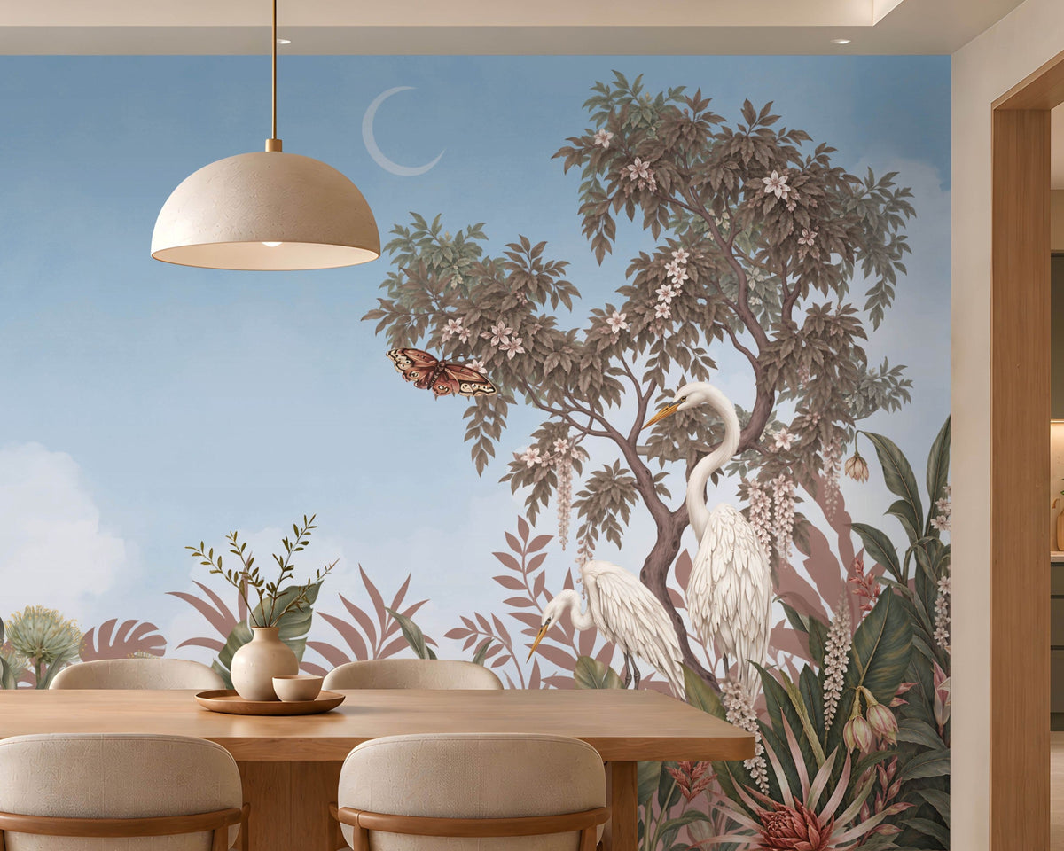 An illustrated, botanical landscape mural featuring three white egrets amidst lush tropical foliage under a sky blue, sky.