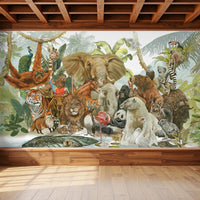 “Enchanted tropical forest kids wallpaper featuring lush leaves and banana trees, designed for children’s bedrooms and nurseries.”