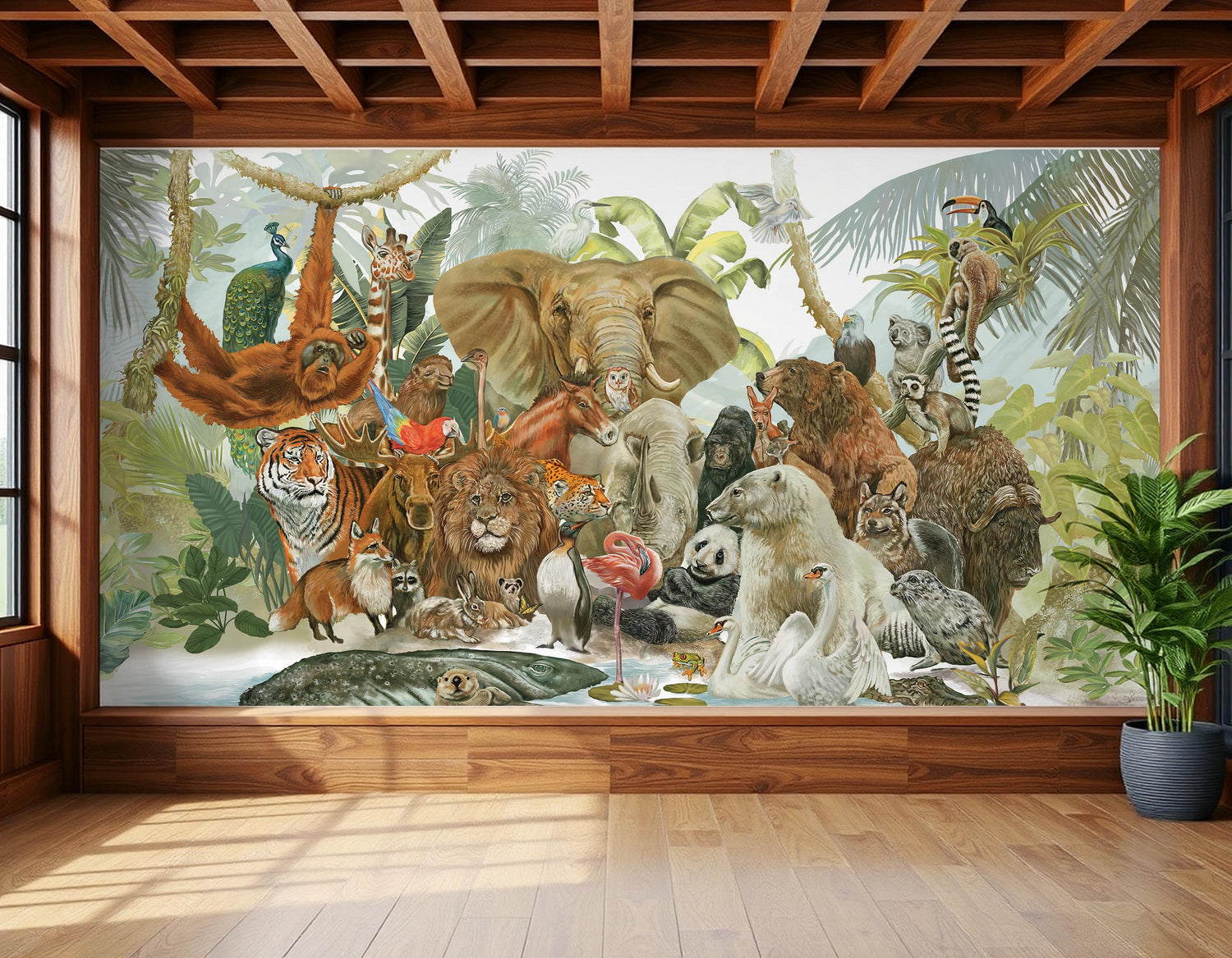 Colourful green and earthy tone Storybook Tropical Forest kids mural wallpaper installed in a bedroom, living room, and dining room, featuring vibrant tropical forest design and detailed mural wallpaper illustration.