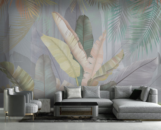 An architectural perspective of a contemporary, sunlit living room featuring the Sublime botanical Mural as a full-scale feature wall. The mural’s soft grey and silver hues pair elegantly with a curved cream sofa, minimalist stone side tables, and light oak flooring, creating a serene and sophisticated interior sanctuary.
