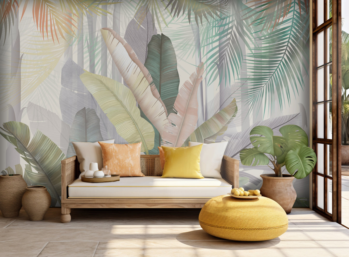 An architectural perspective of a contemporary, sunlit living room featuring the Sublime Botanical Mural  in Misty Sage as a full-scale feature wall. The mural’s muted taupe and mushroom hues pair elegantly with a curved cream sofa, minimalist stone side tables, and light oak flooring, creating a serene and sophisticated interior sanctuary.