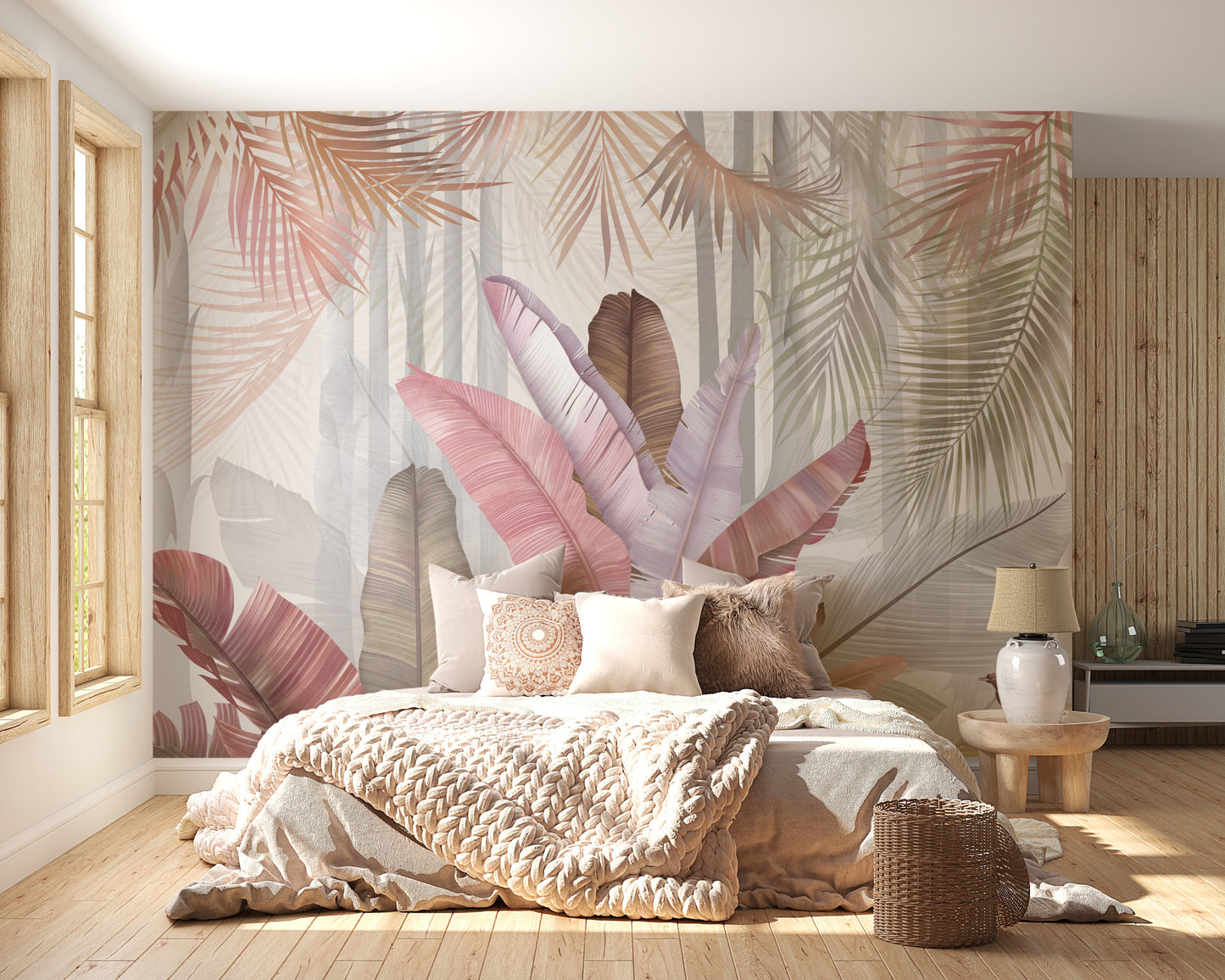 An architectural perspective of a contemporary, sunlit living room featuring the Sublime Botanical Mural as a full-scale feature wall. The mural’s soft pink and rose hues pair elegantly with a curved cream sofa, minimalist stone side tables, and light oak flooring, creating a serene and sophisticated interior sanctuary.