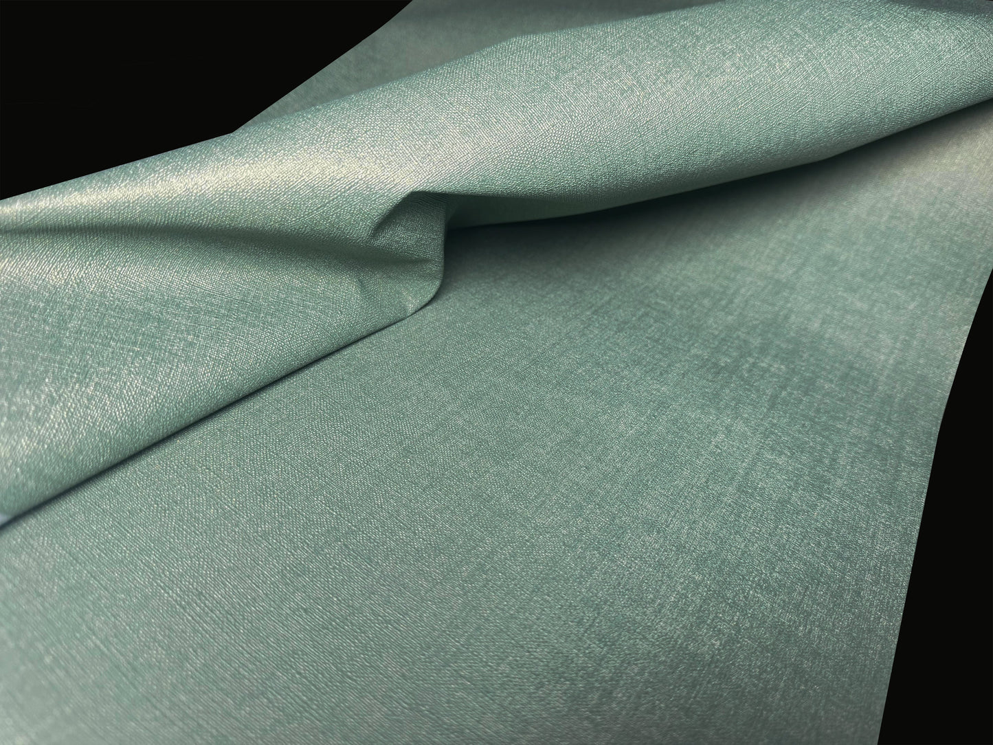 Close-up view of Waterproof Fabric Backed Commercial Wallcovering in Meadow Green, showcasing a heavy-duty, industrial textile texture with a luminous metallic sheen and vibrant green accents on a durable vinyl surface.
