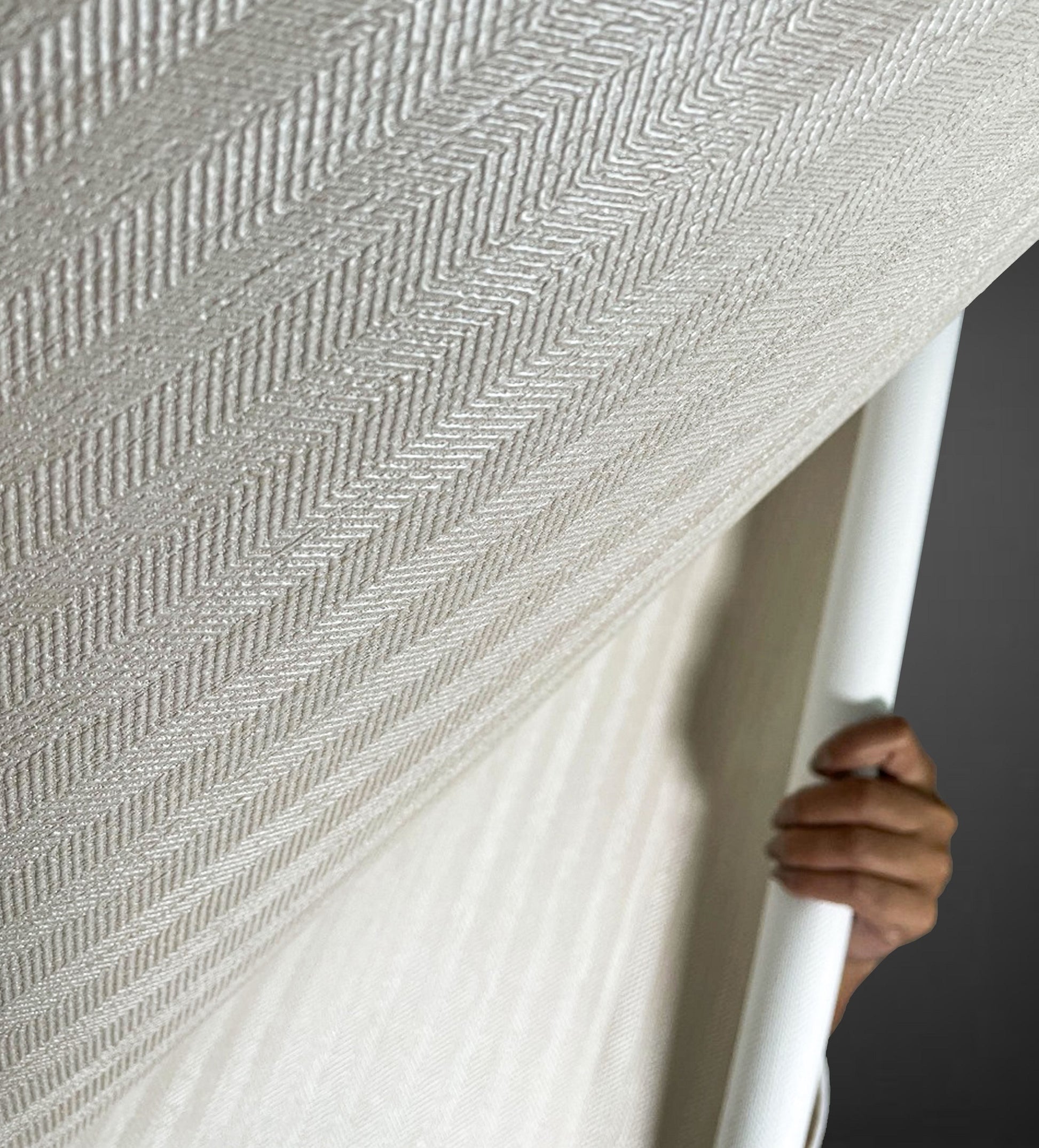 Close-up view of Waterproof Fabric Backed Commercial Wallcovering in Dove Grey, featuring a refined herringbone pattern and a durable, moisture-resistant vinyl surface for professional interiors.