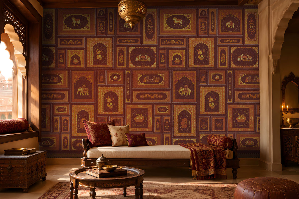 The Royal Rajputana Courtyard wallpaper in Imperial Burgundy featuring intricate Rajasthani palace-inspired motifs, elephant illustrations, floral artwork, Mughal arches, and antique gold detailing in a luxurious heritage-style living room.
