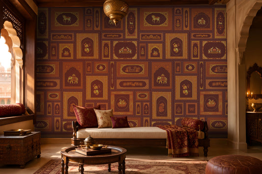 The Royal Rajputana Courtyard wallpaper in Imperial Burgundy featuring intricate Rajasthani palace-inspired motifs, elephant illustrations, floral artwork, Mughal arches, and antique gold detailing in a luxurious heritage-style living room.