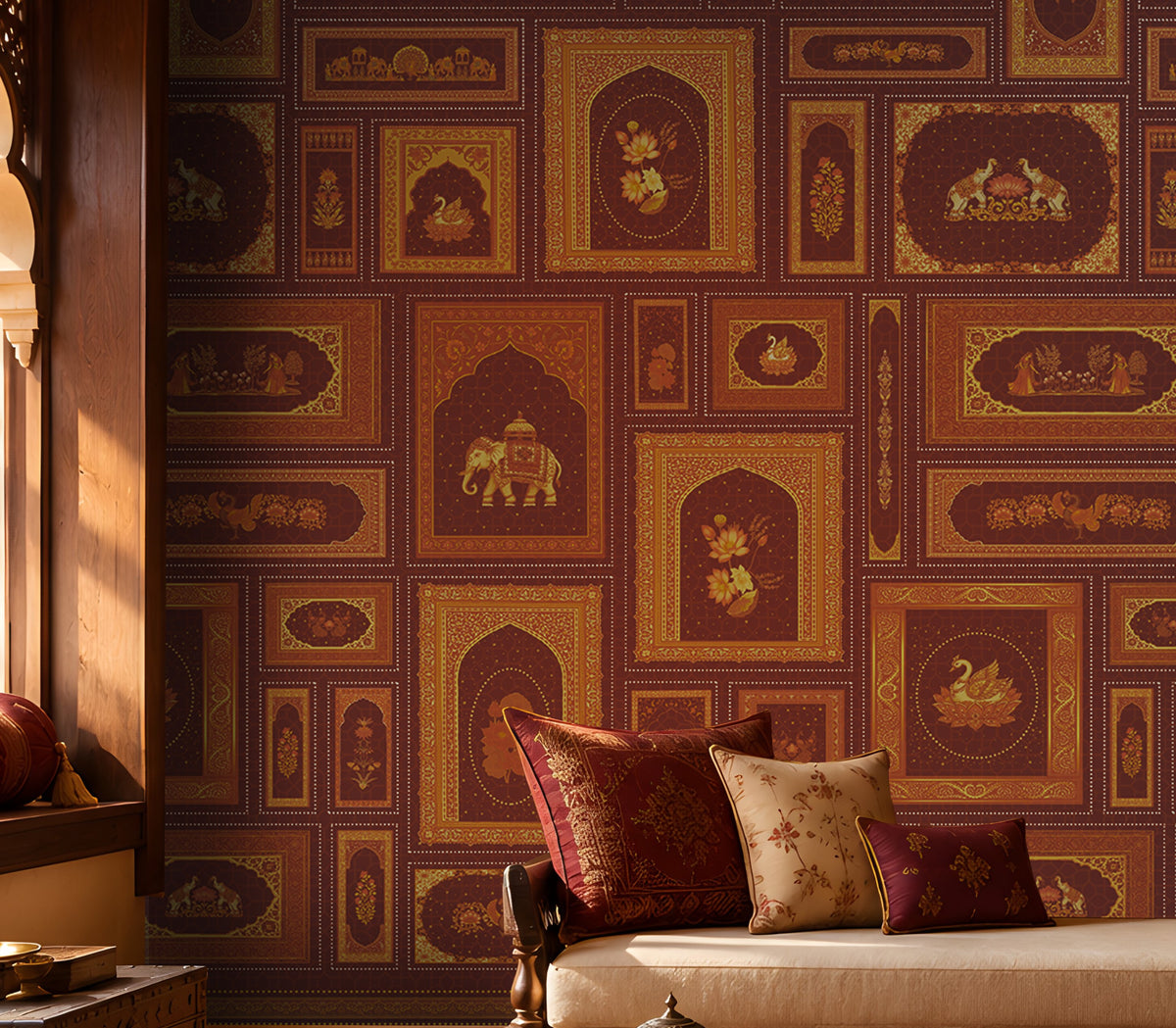 The Royal Rajputana Courtyard wallpaper in Imperial Burgundy featuring intricate Rajasthani palace-inspired motifs, elephant illustrations, floral artwork, Mughal arches, and antique gold detailing in a luxurious heritage-style living room.