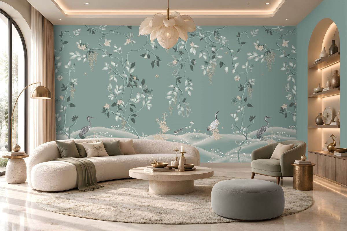 Timeless Avian Garden Mural in Misty Blue featuring delicate botanical branches, soft ivory flowers, graceful foliage, and elegant bird illustrations, creating a serene nature-inspired living room with a sophisticated misty blue and neutral colour palette, curved furniture, warm lighting, and contemporary décor.
