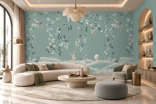 Timeless Avian Garden Mural in Misty Blue featuring delicate botanical branches, soft ivory flowers, graceful foliage, and elegant bird illustrations, creating a serene nature-inspired living room with a sophisticated misty blue and neutral colour palette, curved furniture, warm lighting, and contemporary décor.
