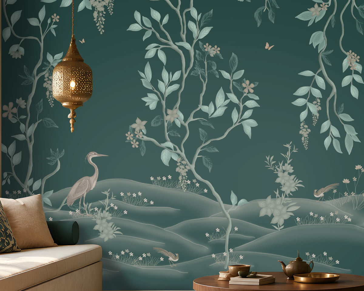 Luxurious living room featuring a teal botanical wallpaper mural with delicate vines, foliage, blossoms, and graceful birds, complemented by a neutral sofa, wooden coffee table, textured rug, warm pendant lighting, and elegant wooden cabinetry.
