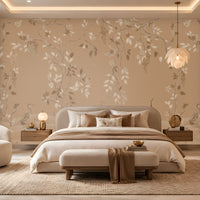 Timeless Avian Garden Mural in warm beige featuring delicate botanical branches, soft ivory flowers, graceful leaves, and elegant bird illustrations, creating a serene and sophisticated nature-inspired bedroom interior with neutral furnishings and warm ambient lighting.
