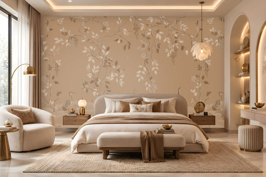 Timeless Avian Garden Mural in warm beige featuring delicate botanical branches, soft ivory flowers, graceful leaves, and elegant bird illustrations, creating a serene and sophisticated nature-inspired bedroom interior with neutral furnishings and warm ambient lighting.
