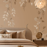 Timeless Avian Garden Mural in warm beige featuring delicate botanical branches, soft ivory flowers, graceful leaves, and elegant bird illustrations, creating a serene and sophisticated nature-inspired bedroom interior with neutral furnishings and warm ambient lighting.