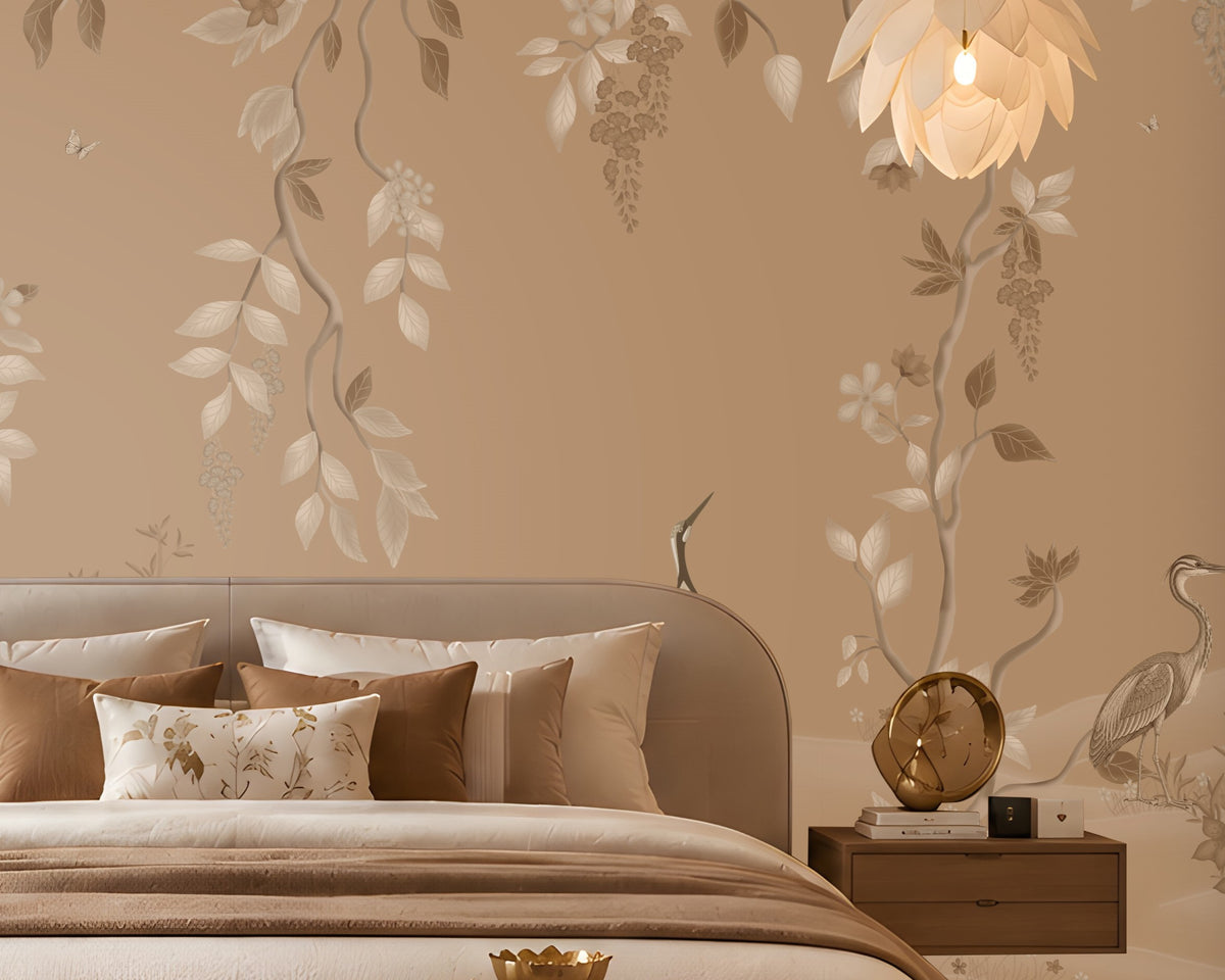 Timeless Avian Garden Mural in warm beige featuring delicate botanical branches, soft ivory flowers, graceful leaves, and elegant bird illustrations, creating a serene and sophisticated nature-inspired bedroom interior with neutral furnishings and warm ambient lighting.