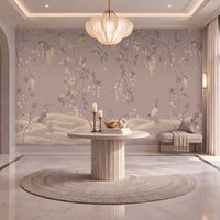 Timeless Avian Garden Mural in Dusty Mauve Taupe featuring delicate botanical branches, graceful birds, soft ivory flowers, flowing foliage, and subtle golden floral accents. The elegant nature-inspired mural creates a serene and sophisticated interior with warm neutral décor, soft lighting, arched windows, and refined contemporary furnishings.
