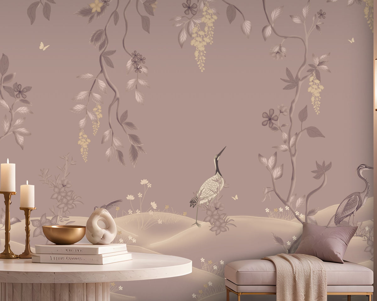 Timeless Avian Garden Mural in Dusty Mauve Taupe featuring delicate botanical branches, graceful birds, soft ivory flowers, flowing foliage, and subtle golden floral accents. The elegant nature-inspired mural creates a serene and sophisticated interior with warm neutral décor, soft lighting, arched windows, and refined contemporary furnishings.