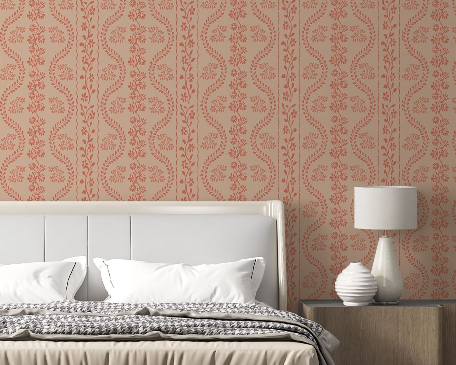 A high-resolution detail of the Floral Seamless Wallpaper in Toasted Almond, showcasing the rhythmic, S-curve vine structure and delicate botanical sprigs. The image highlights the fine, hand-drawn illustrative style and the soothing, earthy tones of the tan, ochre, and warm cream palette.