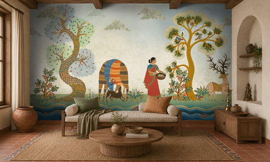 Traditional Gond Art wallpaper mural featuring hand-painted Indian folk art with colorful trees, birds, deer, cattle, and a village woman on a soft ivory background, showcased in a warm contemporary living room with natural wood furniture and earthy décor.