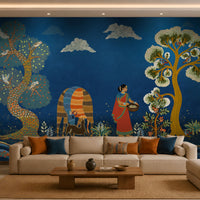 Traditional Gond Art wallpaper in royal blue featuring hand-painted Indian folk art with trees, birds, wildlife, and village life, displayed as a luxury living room feature wall.