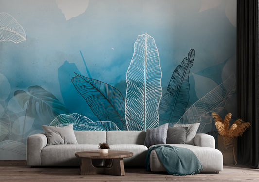 An architectural perspective of a minimalist office lounge featuring the Tropical Abstract Mural in Aqua Blue as a full-scale feature wall. The mural’s vibrant yet soothing cool tones pair strikingly with vertical wood paneling and sleek mid-century furniture, creating a peaceful and cultured interior sanctuary.
