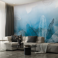 An architectural perspective of a minimalist office lounge featuring the Tropical Abstract Mural in Aqua Blue as a full-scale feature wall. The mural’s vibrant yet soothing cool tones pair strikingly with vertical wood paneling and sleek mid-century furniture, creating a peaceful and cultured interior sanctuary.